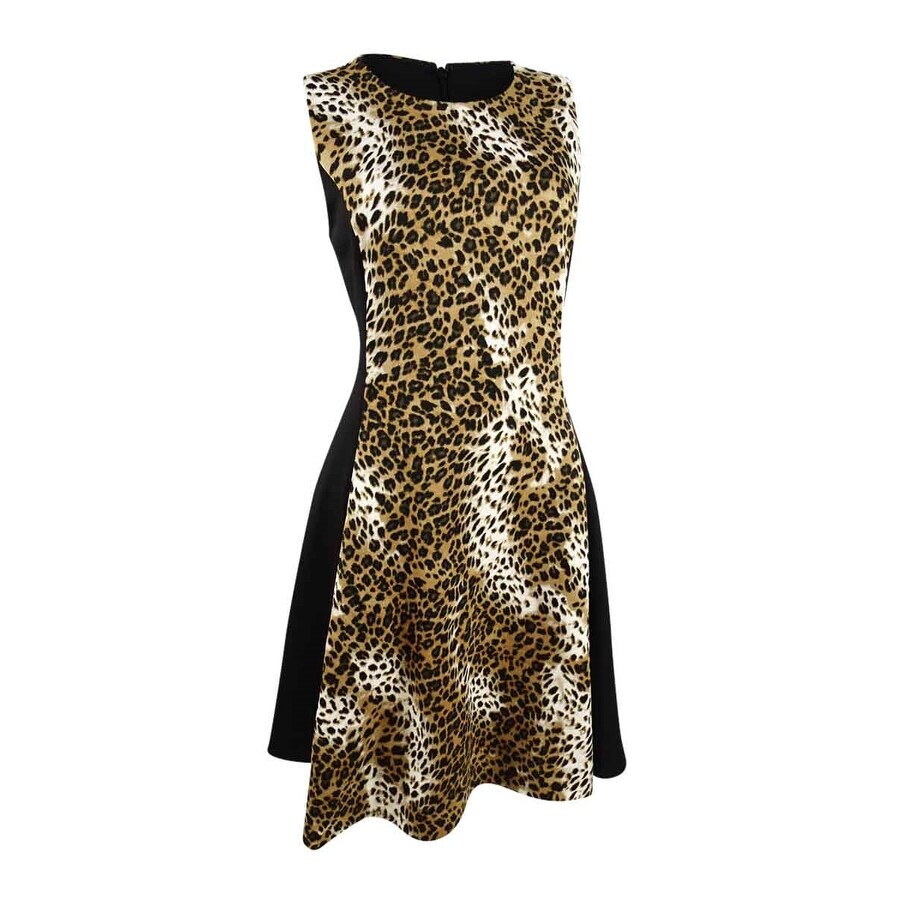 DKNY Women's Scuba Colorblock Animal Print Dress (4, Natural Multi/Black)
