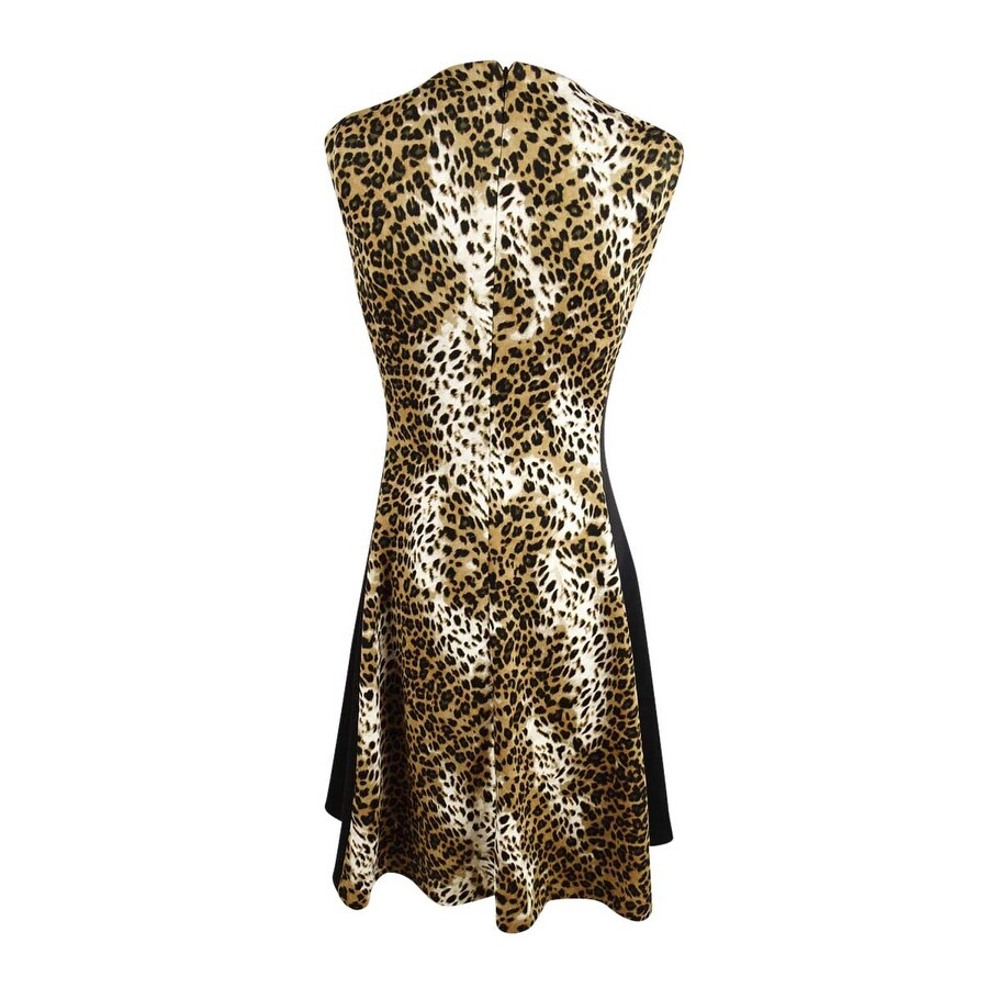 DKNY Women's Scuba Colorblock Animal Print Dress (4, Natural Multi/Black)