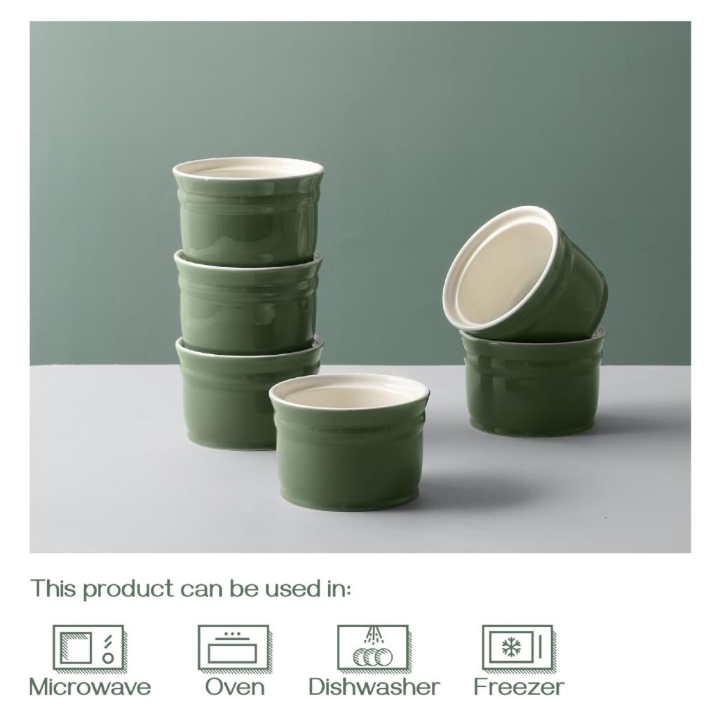 DOWAN Ramekins, Porcelain Ramekins 8 oz Oven Safe, Green