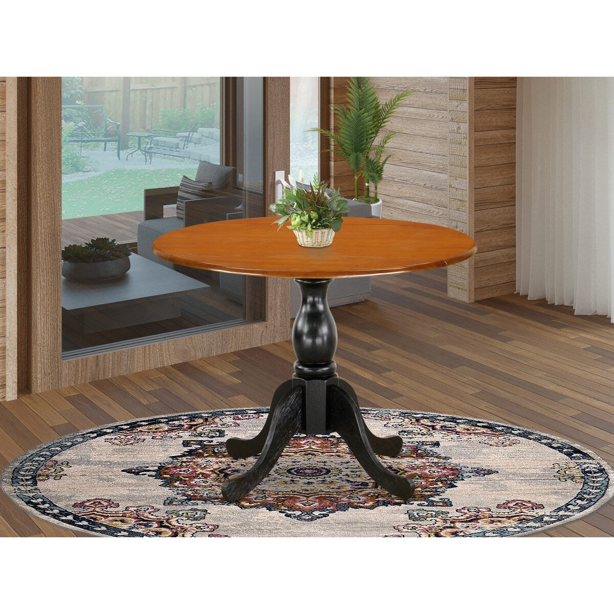 East West Furniture Dublin Dining Room Table - a Round Solid Wood Table Top with Dropleaf & Pedestal Base, Black & Cherry