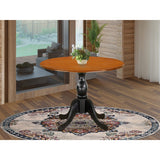 East West Furniture Dublin Dining Room Table - a Round Solid Wood Table Top with Dropleaf & Pedestal Base, Black & Cherry