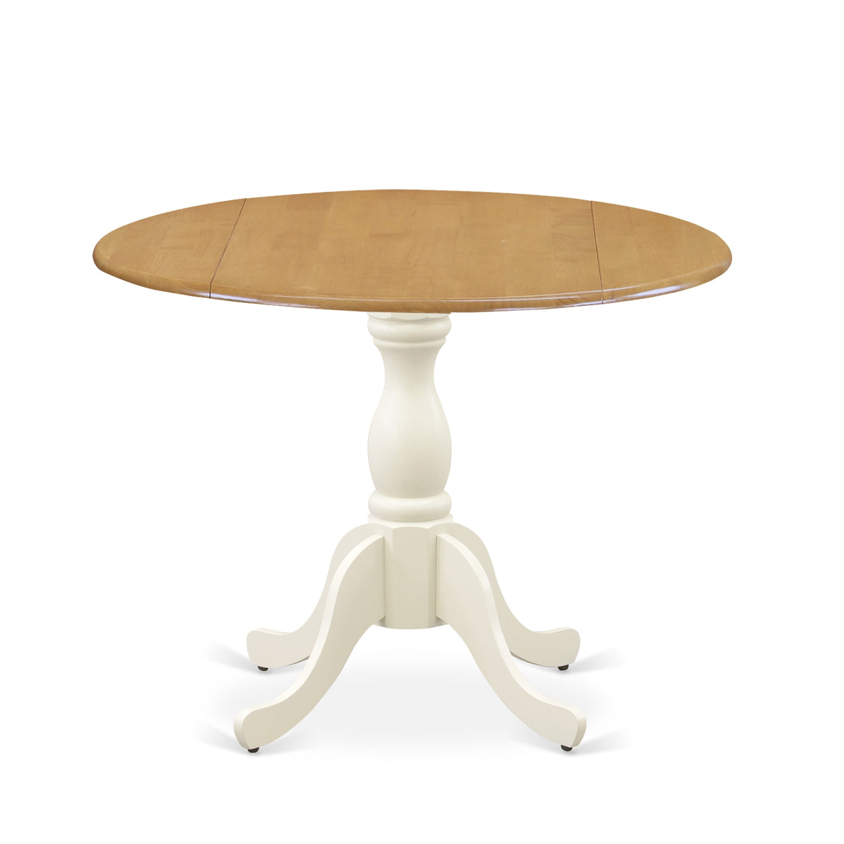 East West Furniture Dublin Kitchen Table - a Round Dining Table Top with Dropleaf & Pedestal Base, Oak & Linen White