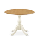 East West Furniture Dublin Kitchen Table - a Round Dining Table Top with Dropleaf & Pedestal Base, Oak & Linen White