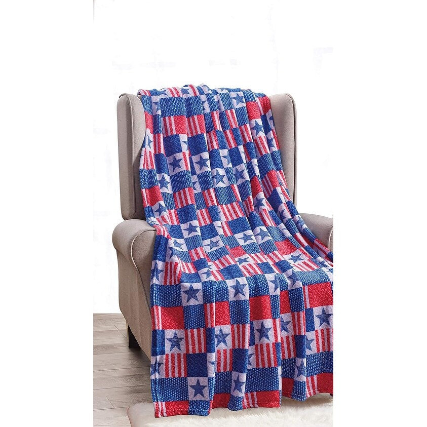 Décor&More July 4th USA American Pride Collection Microplush Throw Blanket (50" x 60") - Blue, White and Red Throw