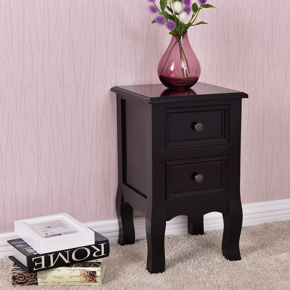 Daily Boutik Black Wooden 2-Drawer Accent End Table Nightstand