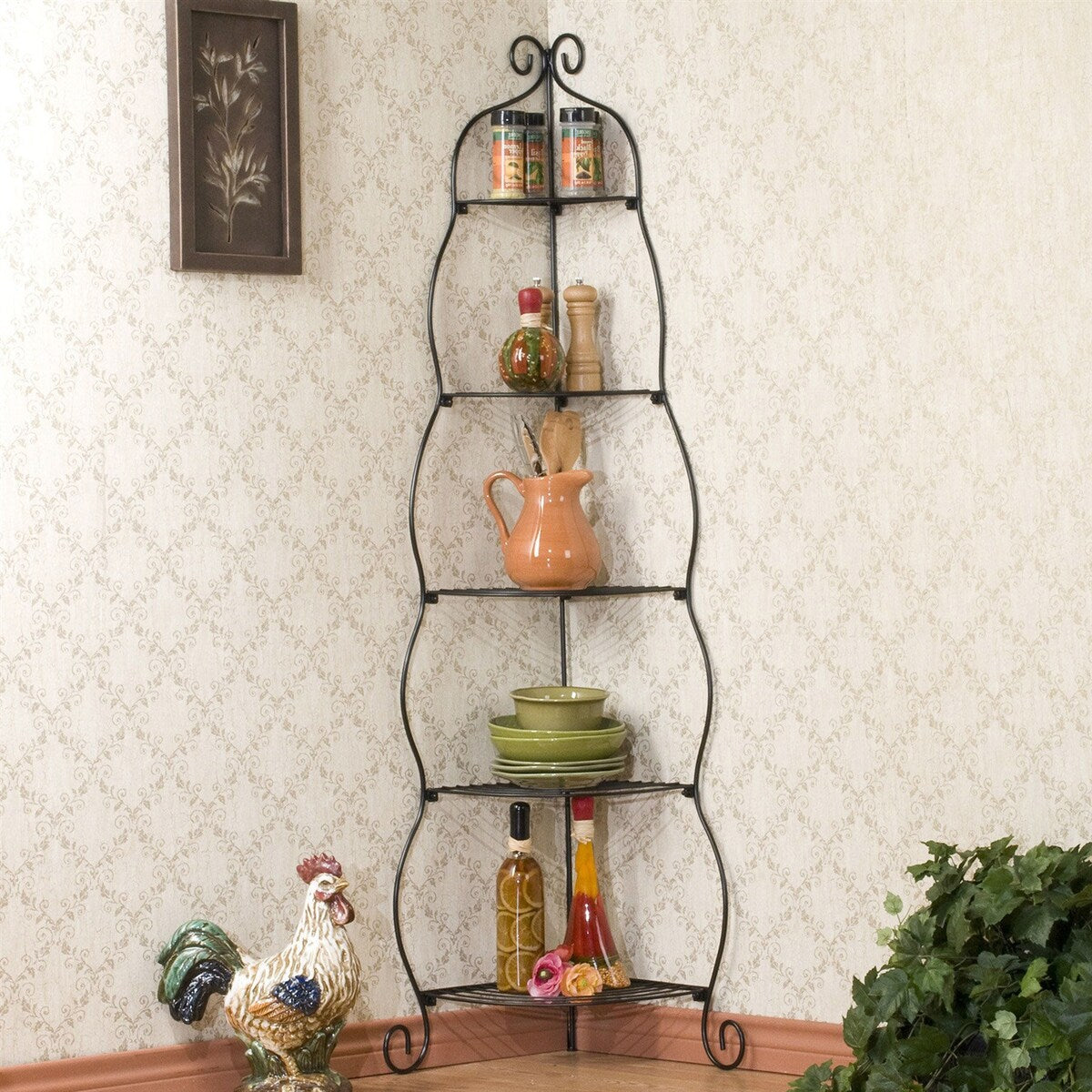 Daily Boutik Corner Bakers Rack 5-Tier Shelves with Decorative Metal Scrollwork