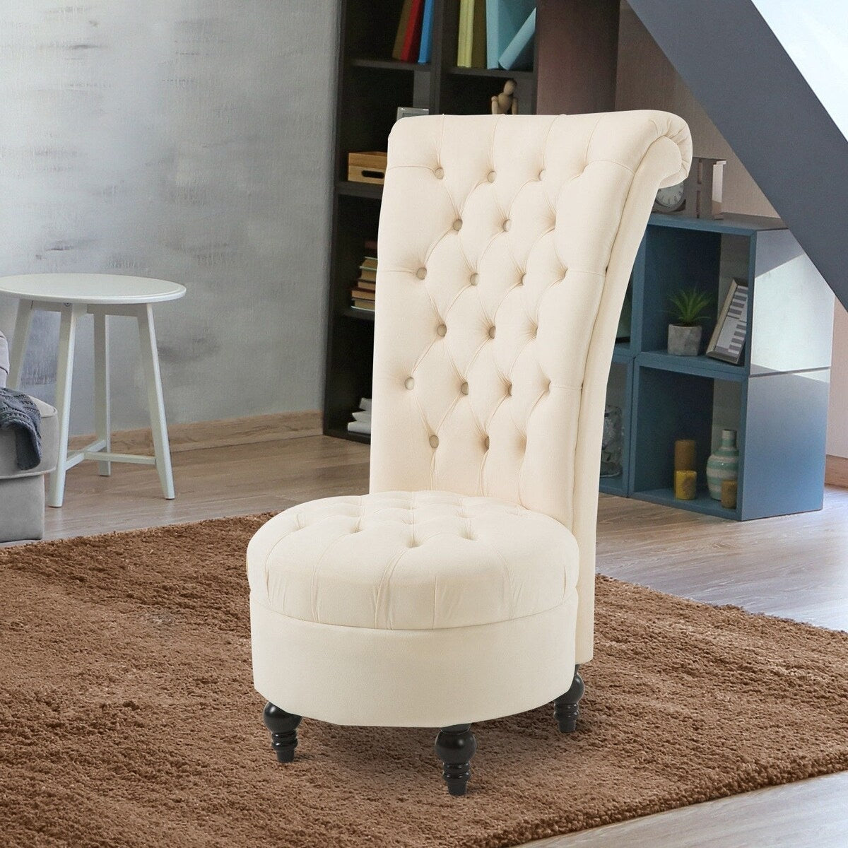 Daily Boutik Cream Tufted High Back Plush Velvet Upholstered Accent Low Profile Chair - 26" x 33" x 45"
