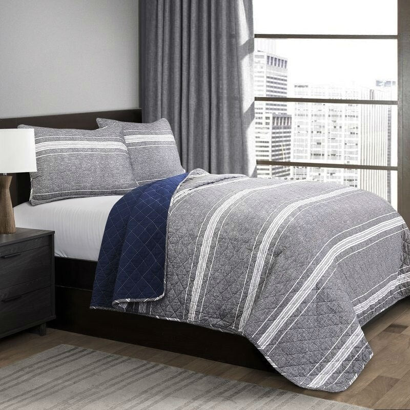 Daily Boutik King Gray Navy Stripe Motif 100% Cotton Reversible Quilt Coverlet Bedspread Set