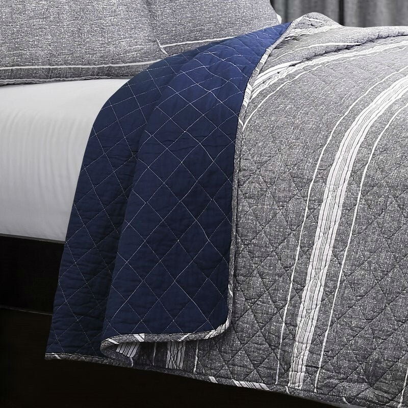 Daily Boutik King Gray Navy Stripe Motif 100% Cotton Reversible Quilt Coverlet Bedspread Set