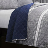 Daily Boutik King Gray Navy Stripe Motif 100% Cotton Reversible Quilt Coverlet Bedspread Set