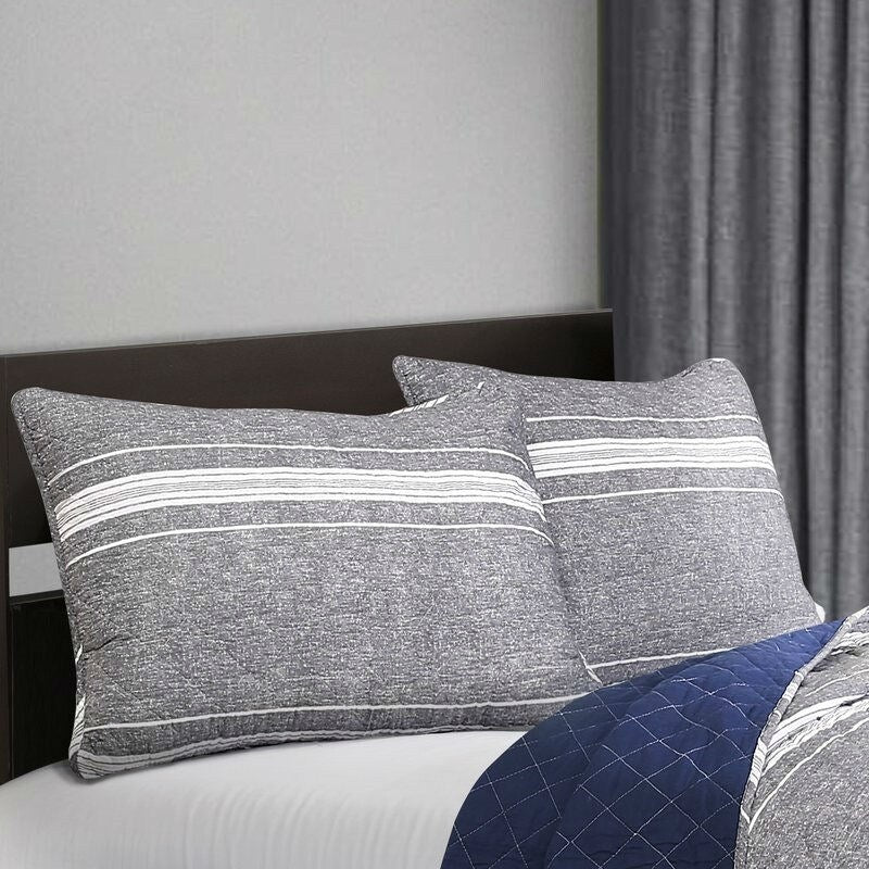 Daily Boutik King Gray Navy Stripe Motif 100% Cotton Reversible Quilt Coverlet Bedspread Set