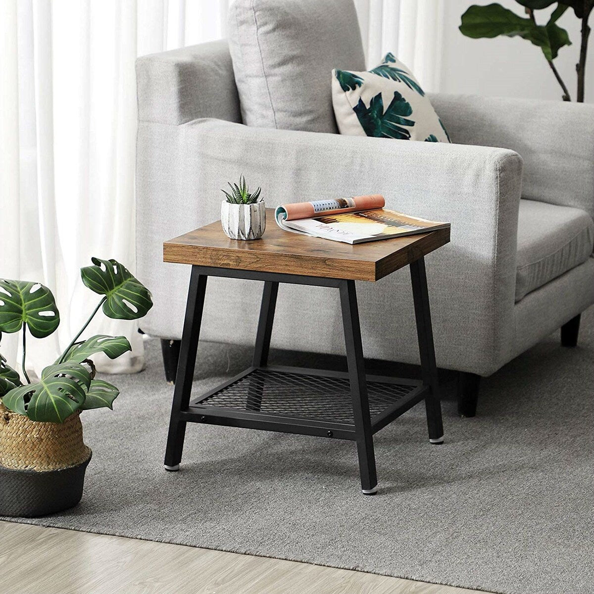 Daily Boutik Modern Industrial Metal Wood Nightstand Side Table with Mesh Shelf