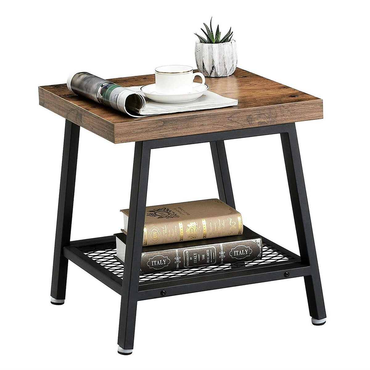 Daily Boutik Modern Industrial Metal Wood Nightstand Side Table with Mesh Shelf