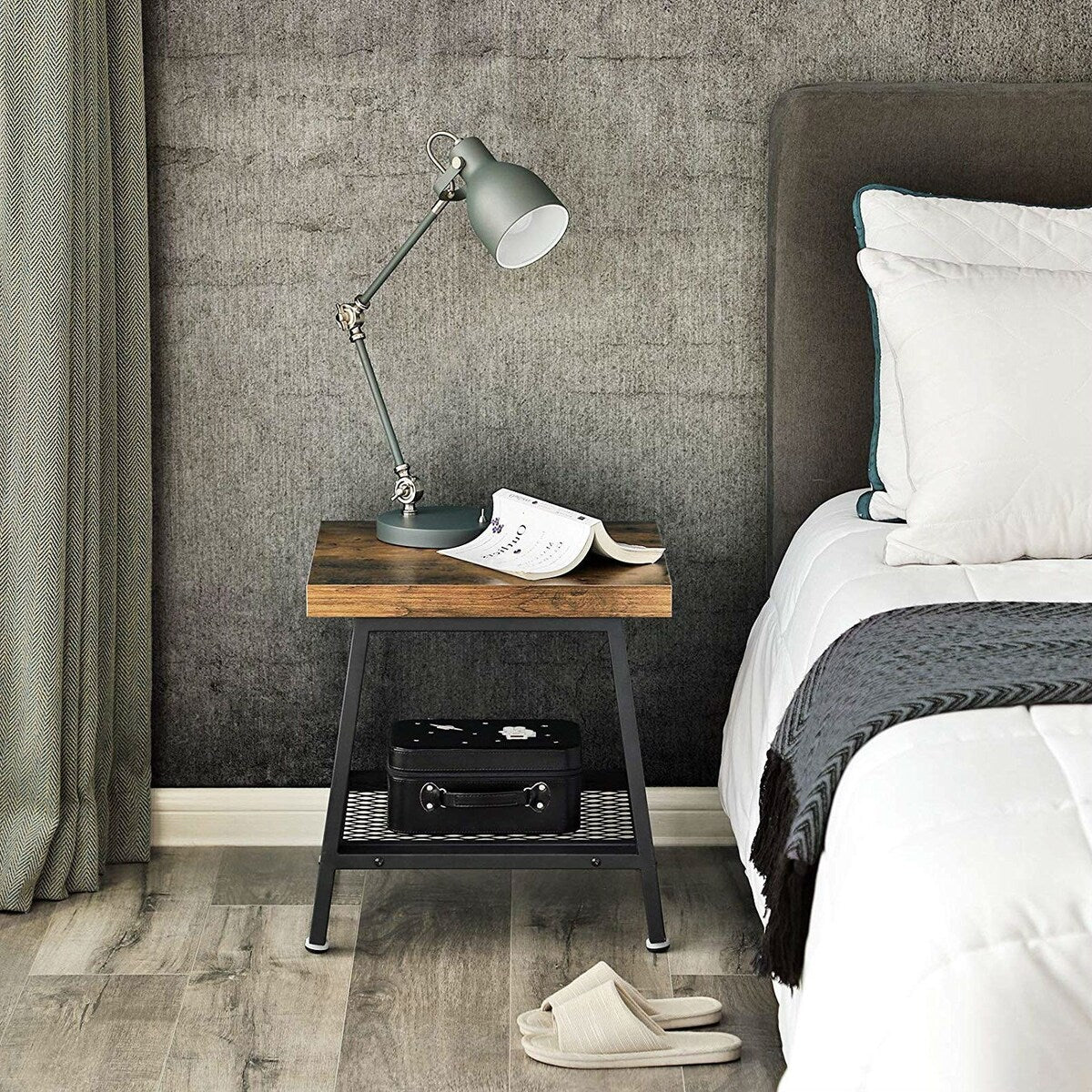 Daily Boutik Modern Industrial Metal Wood Nightstand Side Table with Mesh Shelf