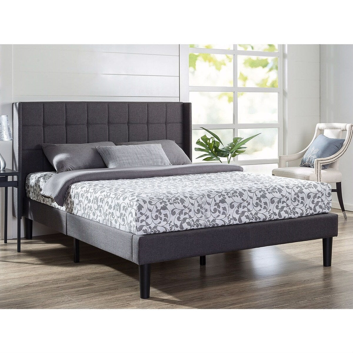 Daily Boutik Queen size Grey Wingback Upholstered Platform Bed