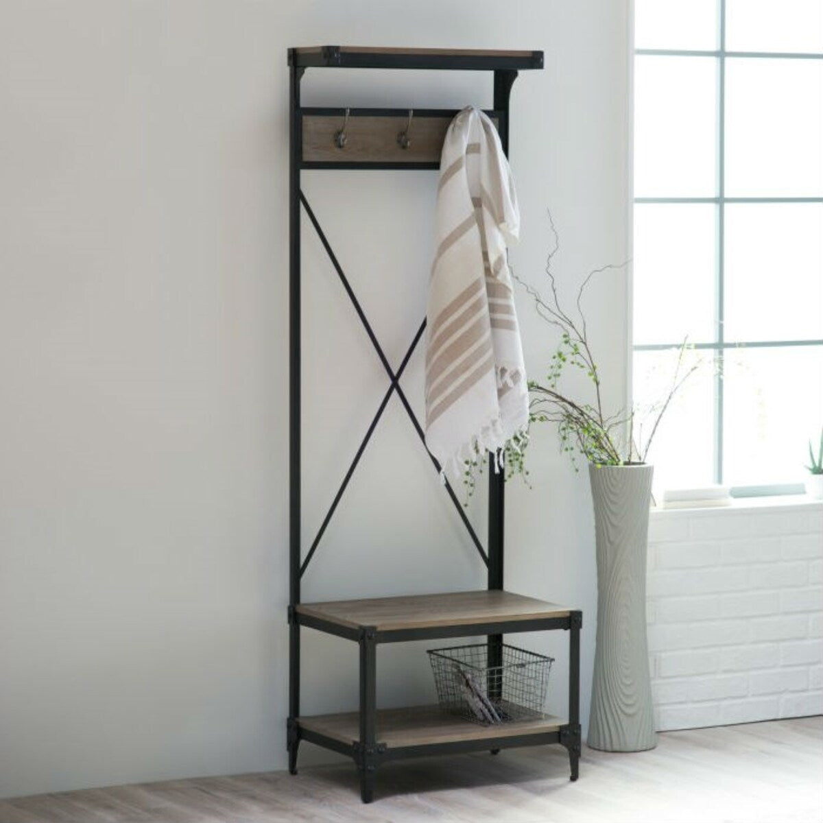 Daily Boutik Rustic Gray Black Metal Frame Entryway Storage Hall Tree - 24 x "17 x "72"