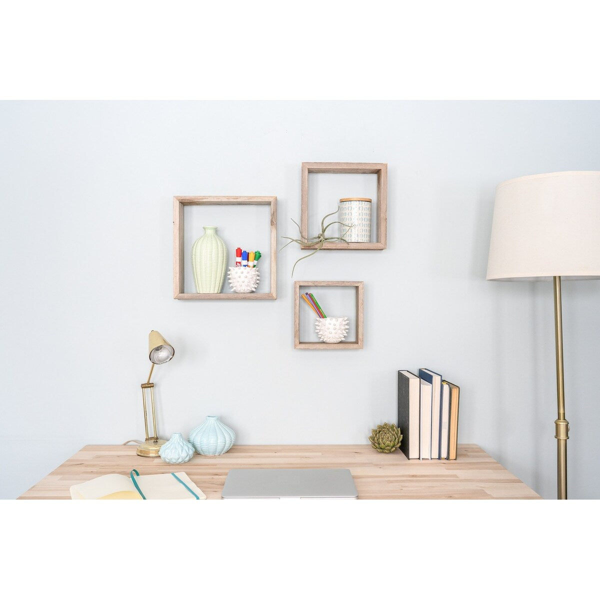 Daily Boutik Set of 3 Square Rustic White Wash Wood Open Box Shelve