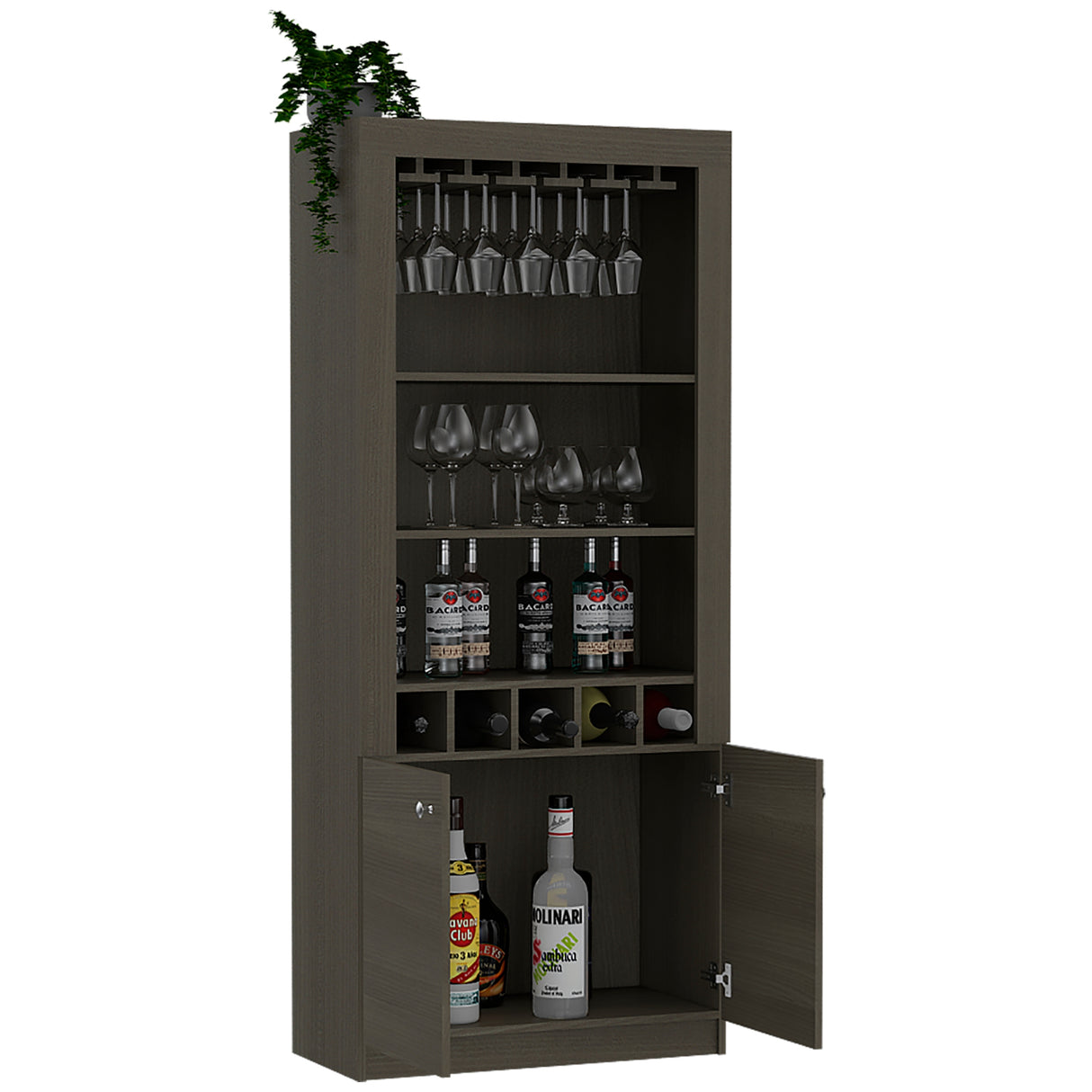 Dakota Bar Double Door Cabinet with 5 Wine Cubbies, Rack, and 2 Open Shelves