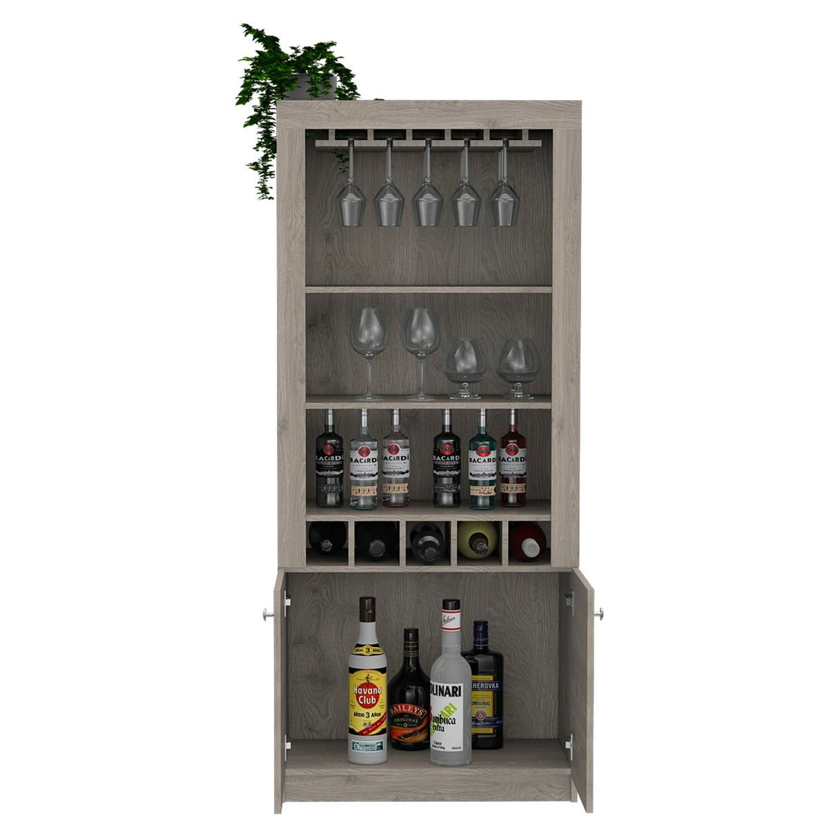 Dakota Bar Double Door Cabinet with 5 Wine Cubbies, Rack, and 2 Open Shelves