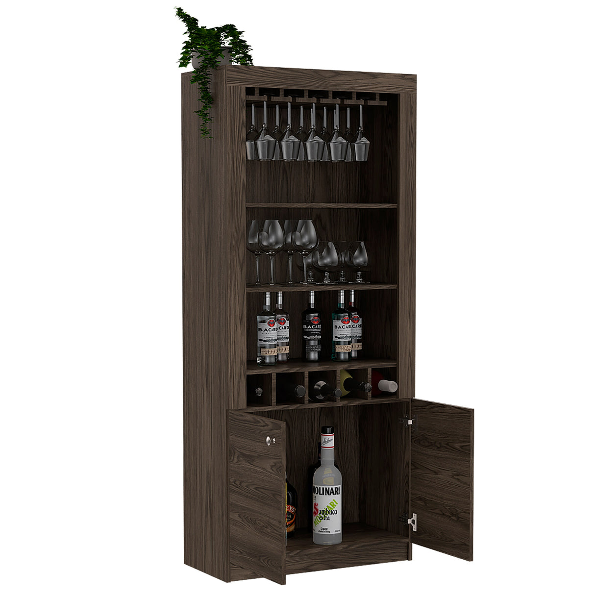 Dakota Bar Double Door Cabinet with 5 Wine Cubbies, Rack, and 2 Open Shelves