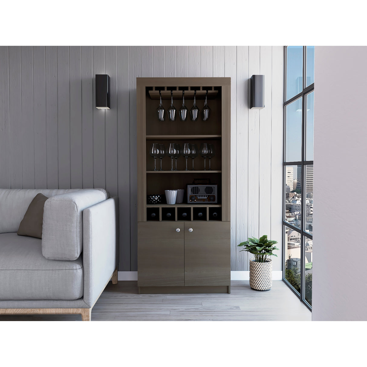 Dakota Bar Double Door Cabinet with 5 Wine Cubbies, Rack, and 2 Open Shelves