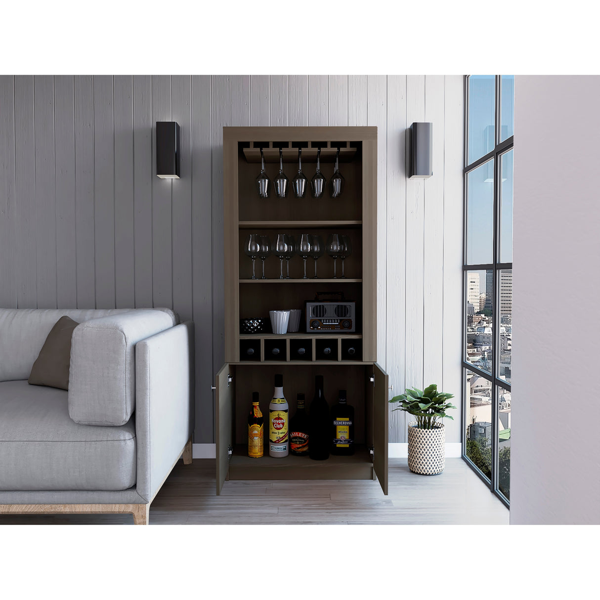 Dakota Bar Double Door Cabinet with 5 Wine Cubbies, Rack, and 2 Open Shelves