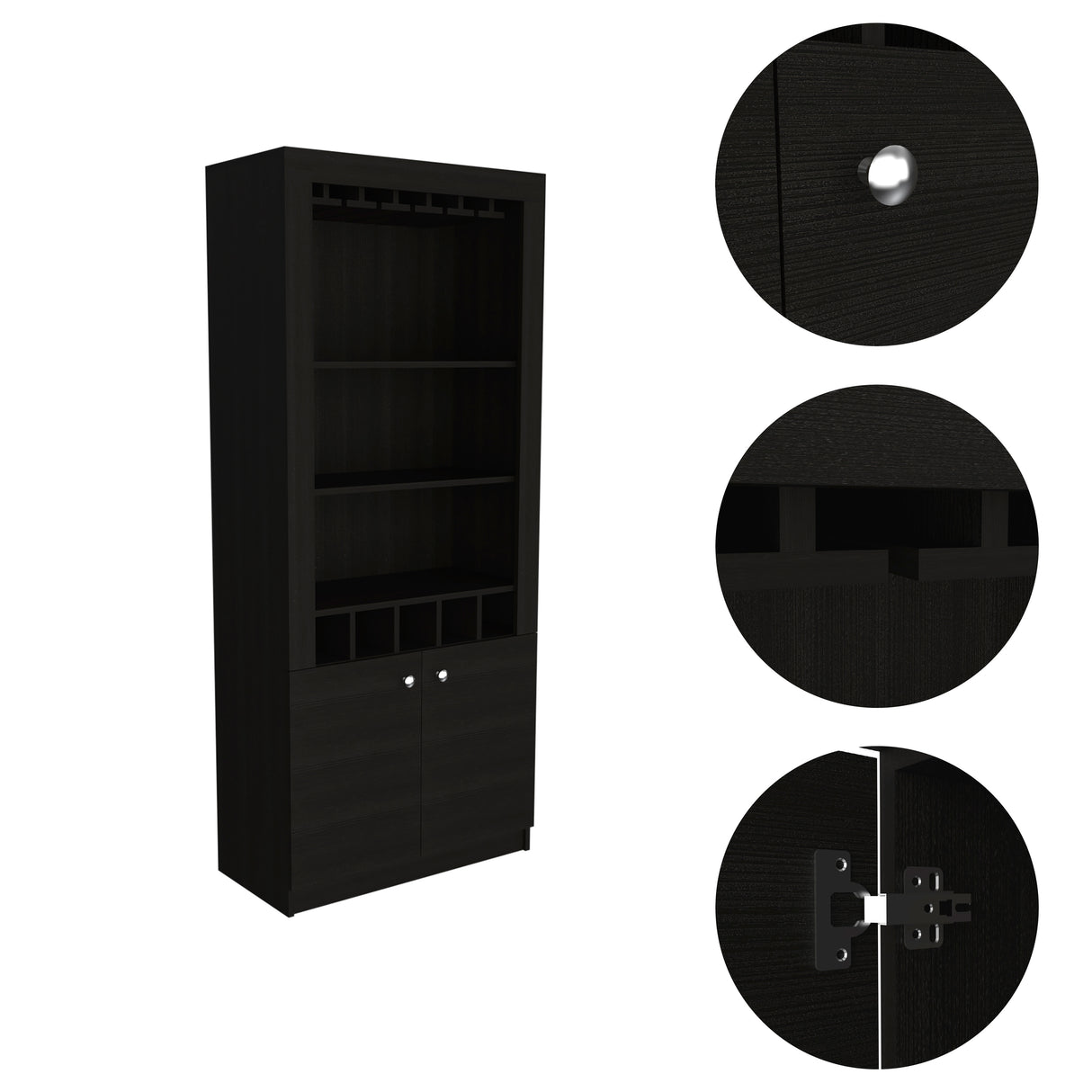 Dakota Bar Double Door Cabinet with 5 Wine Cubbies, Rack, and 2 Open Shelves