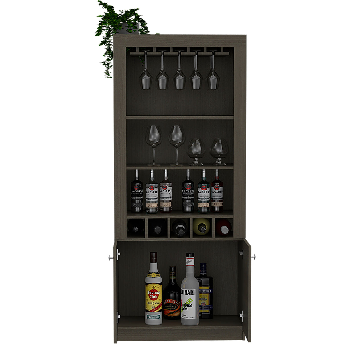 Dakota Bar Double Door Cabinet with 5 Wine Cubbies, Rack, and 2 Open Shelves