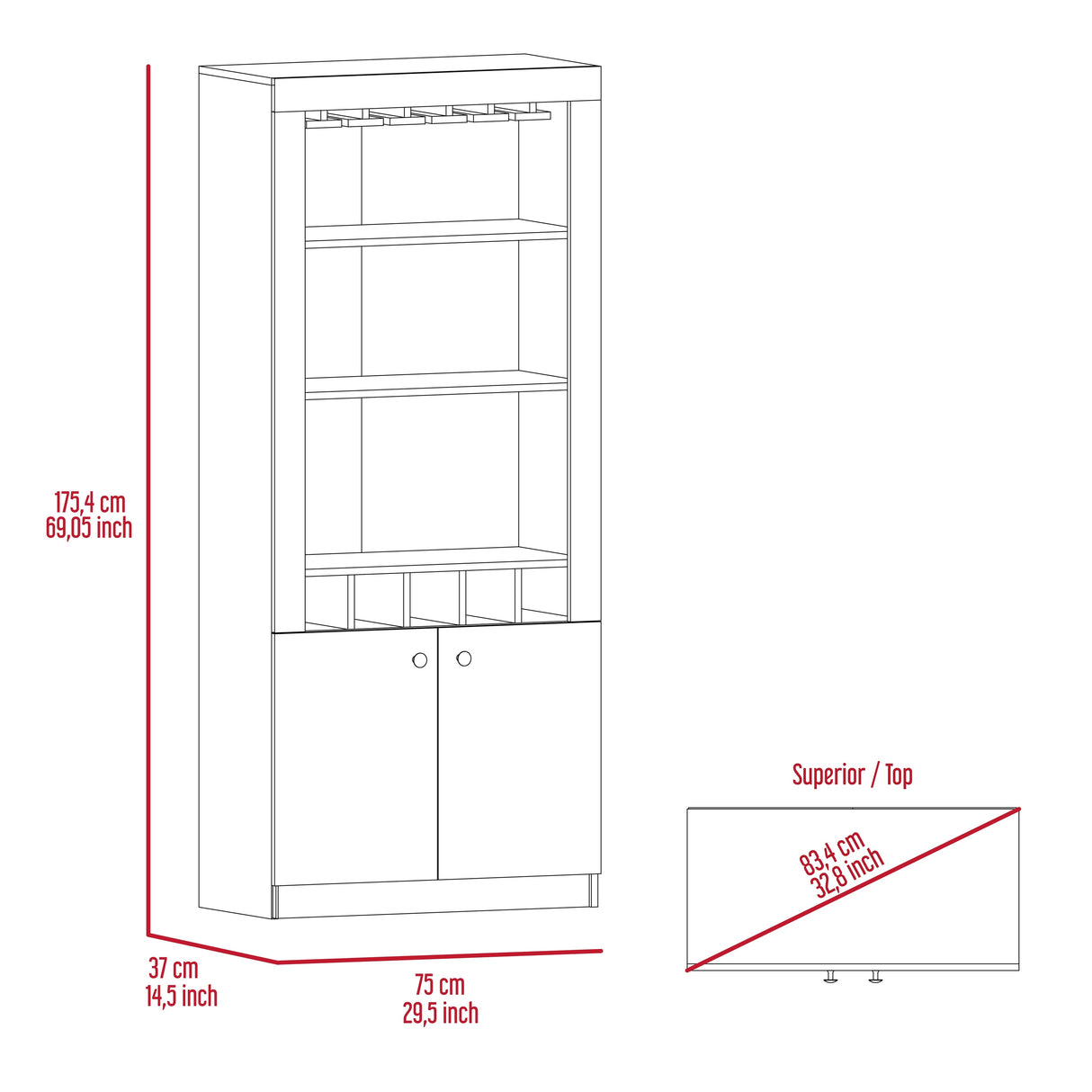 Dakota Bar Double Door Cabinet with 5 Wine Cubbies, Rack, and 2 Open Shelves