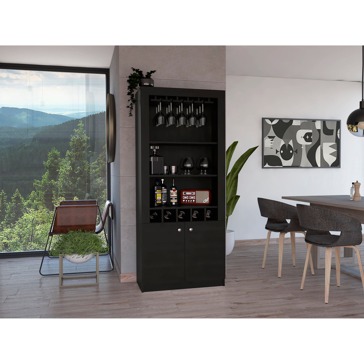 Dakota Bar Double Door Cabinet with 5 Wine Cubbies, Rack, and 2 Open Shelves