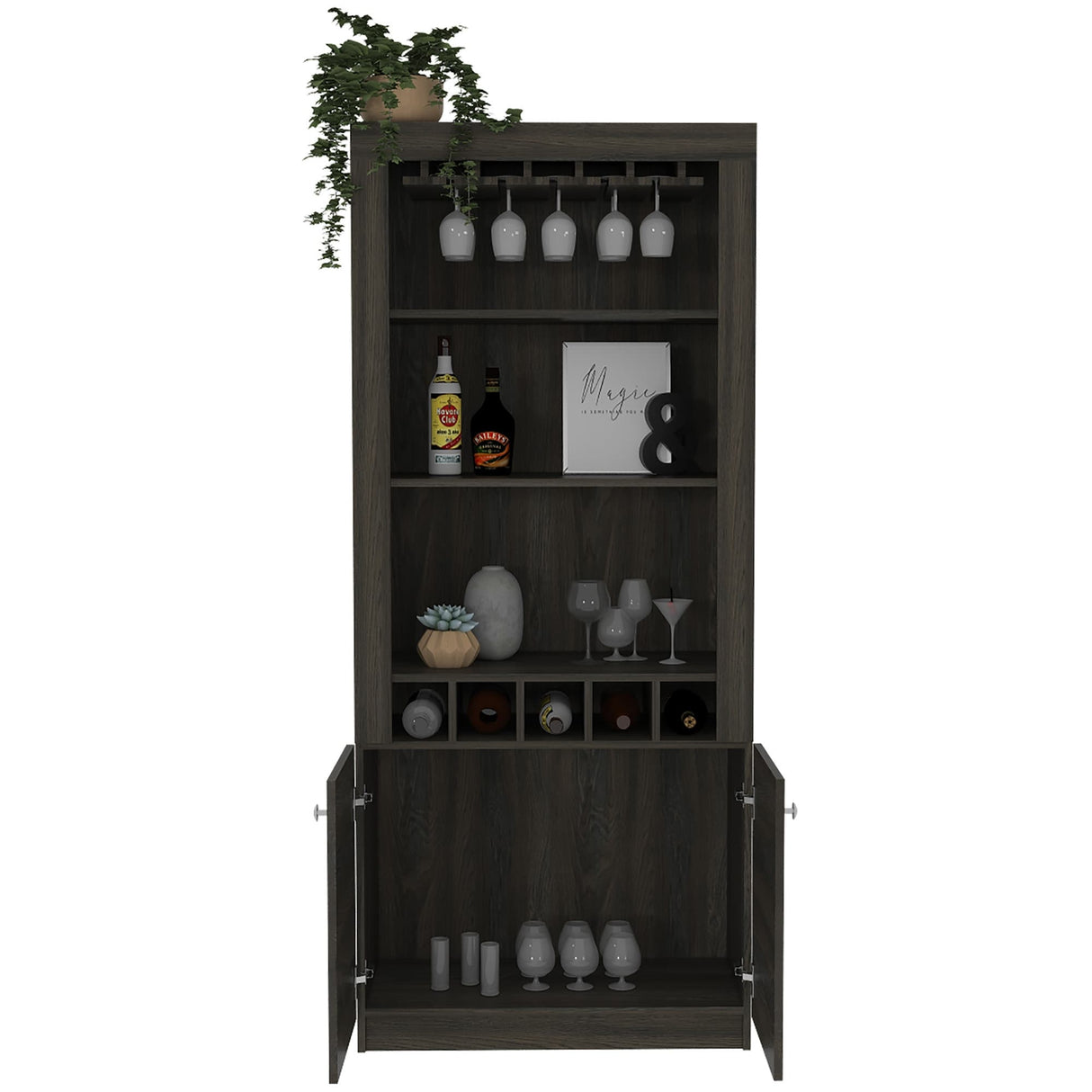 Dakota Bar Double Door Cabinet with 5 Wine Cubbies, Rack, and 2 Open Shelves