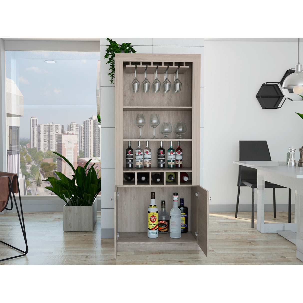 Dakota Bar Double Door Cabinet with 5 Wine Cubbies, Rack, and 2 Open Shelves