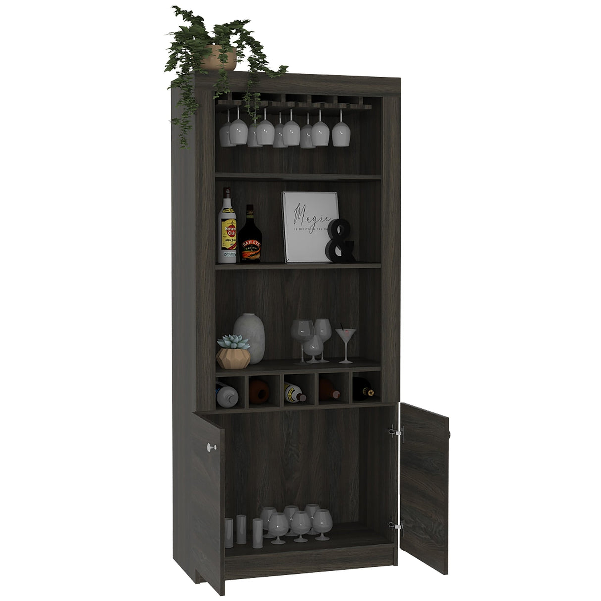 Dakota Bar Double Door Cabinet with 5 Wine Cubbies, Rack, and 2 Open Shelves