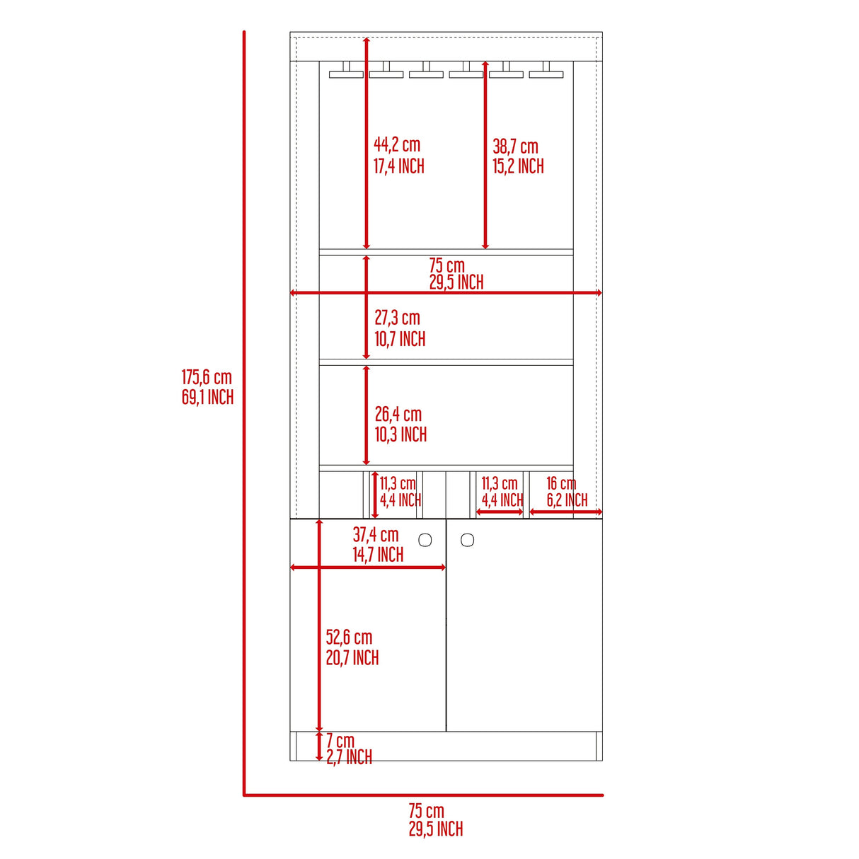 Dakota Bar Double Door Cabinet with 5 Wine Cubbies, Rack, and 2 Open Shelves