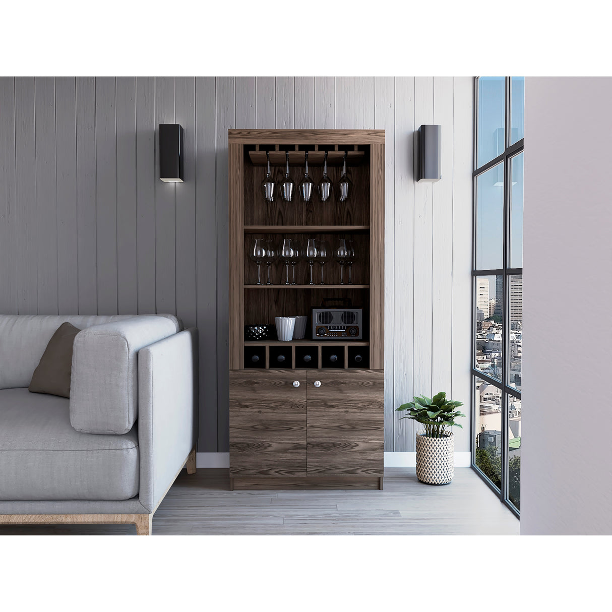 Dakota Bar Double Door Cabinet with 5 Wine Cubbies, Rack, and 2 Open Shelves