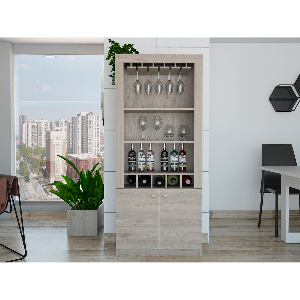 Dakota Bar Double Door Cabinet with 5 Wine Cubbies, Rack, and 2 Open Shelves