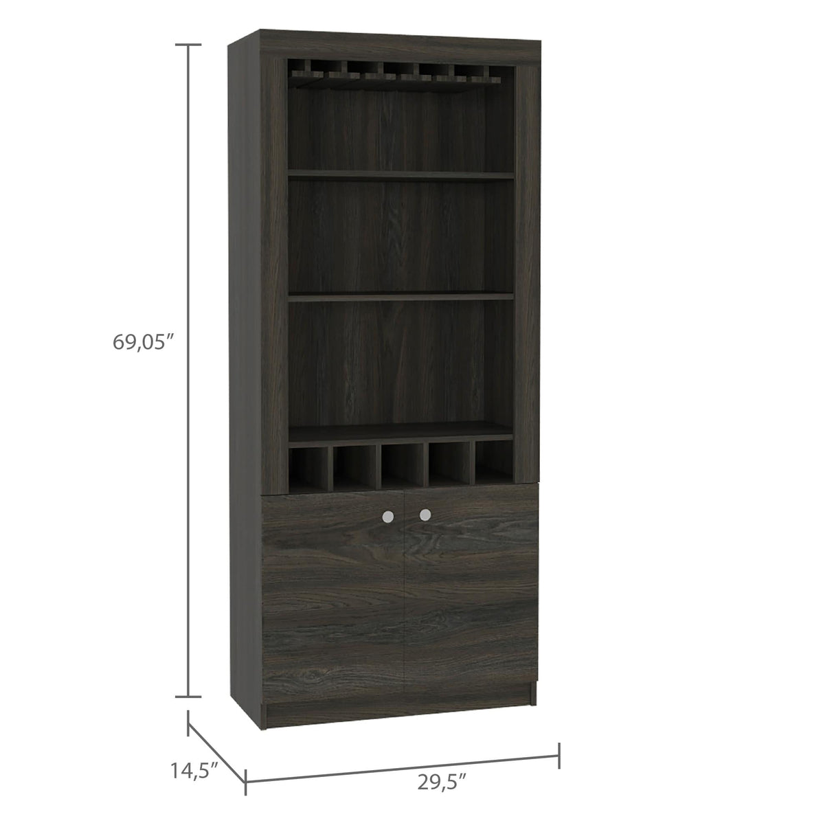 Dakota Bar Double Door Cabinet with 5 Wine Cubbies, Rack, and 2 Open Shelves