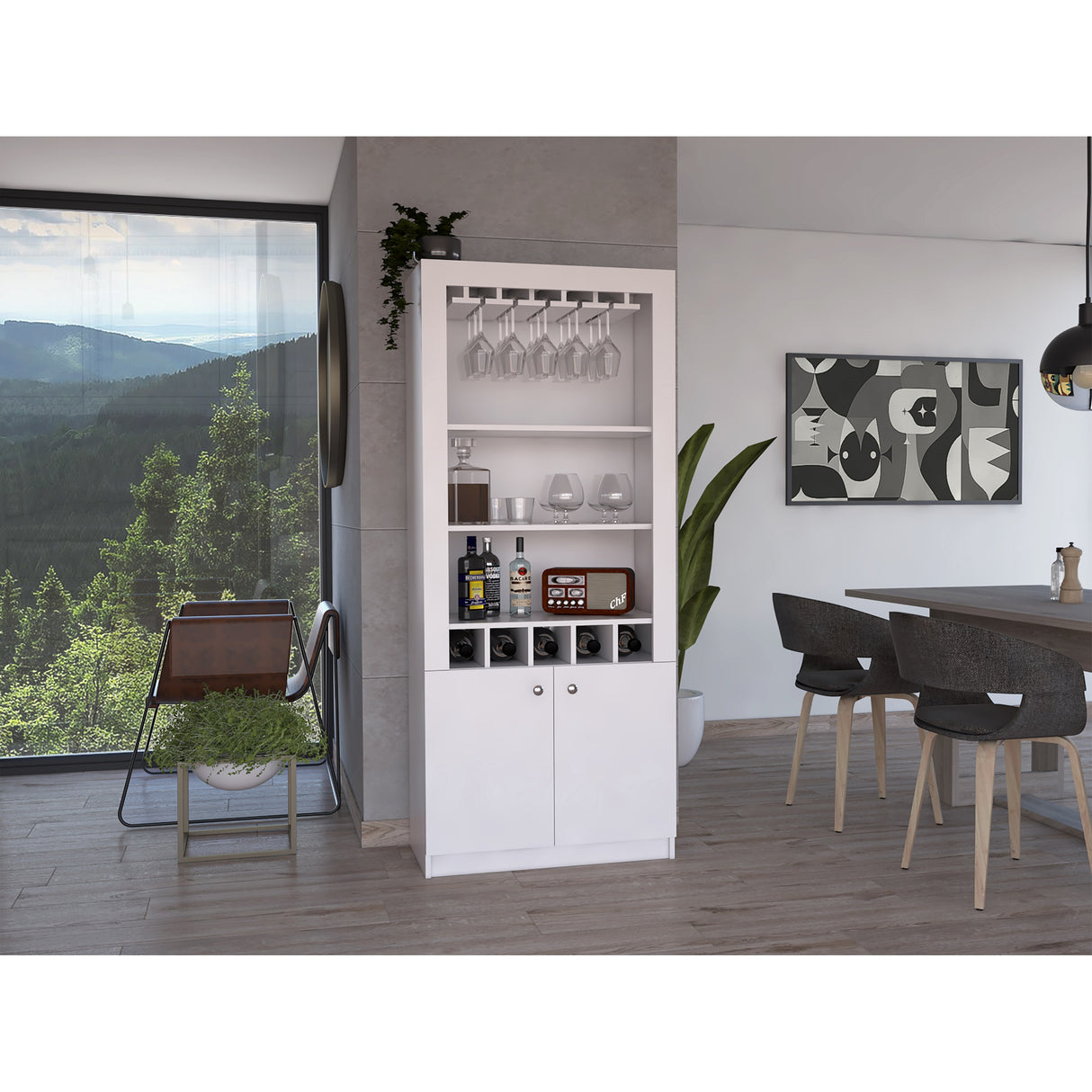 Dakota Bar Double Door Cabinet with 5 Wine Cubbies, Rack, and 2 Open Shelves