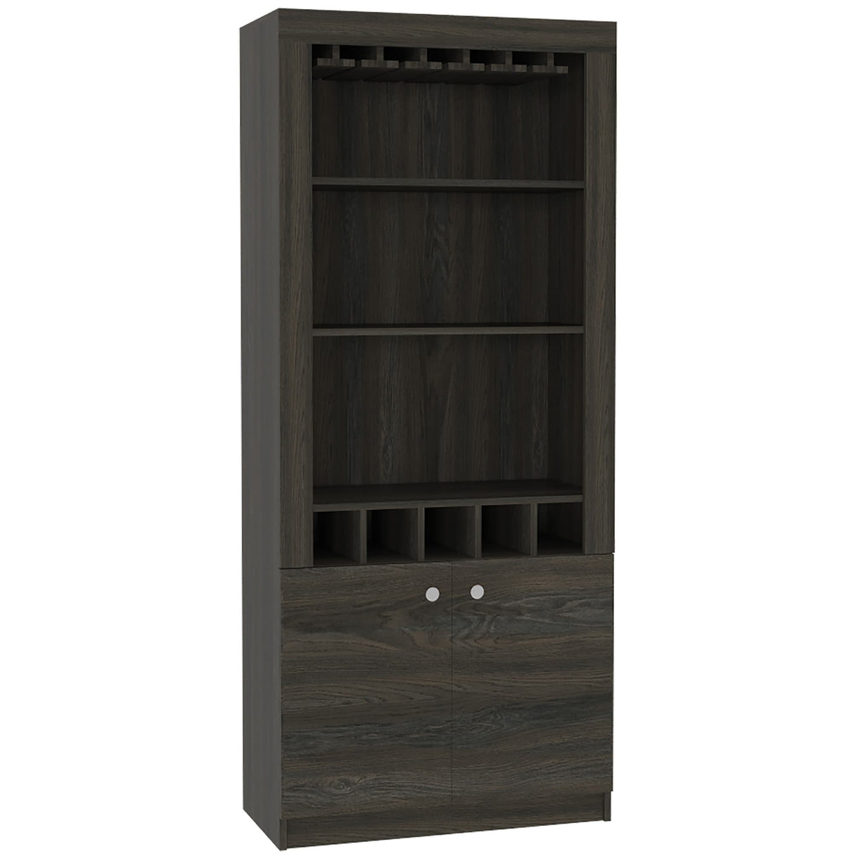 Dakota Bar Double Door Cabinet with 5 Wine Cubbies, Rack, and 2 Open Shelves