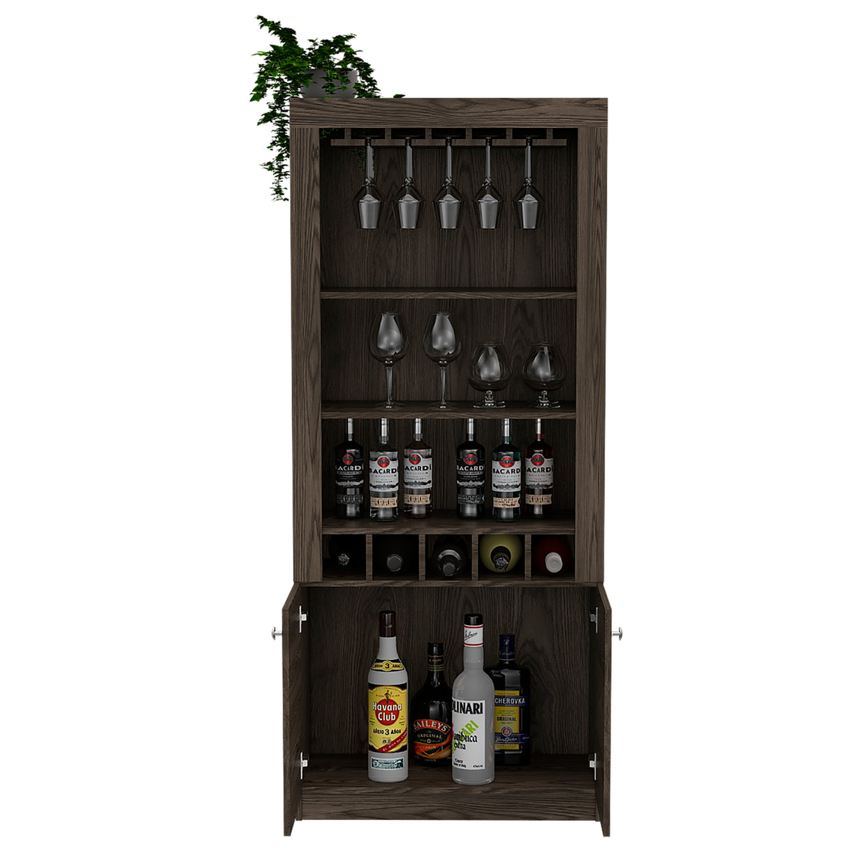 Dakota Bar Double Door Cabinet with 5 Wine Cubbies, Rack, and 2 Open Shelves