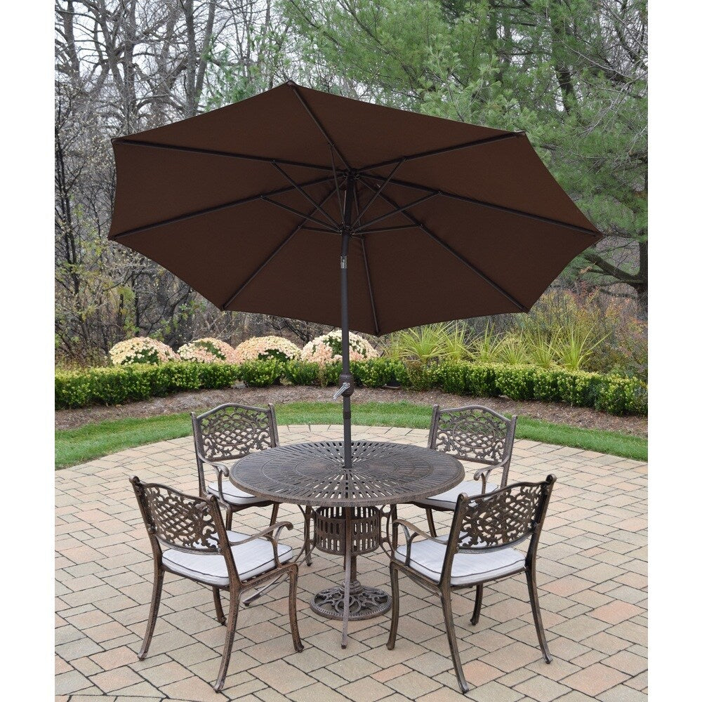 Dining Set with 48-inch Table, 4 Cushioned Chairs, Umbrella with Stand