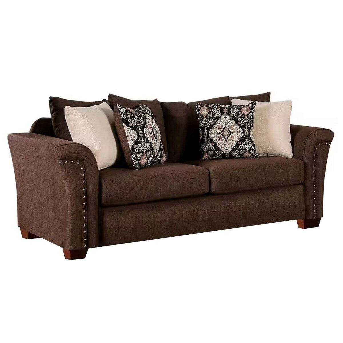 Dana 91 Inch Modern Sofa, Loose Pillow Back, Flared Legs, Brown Linen