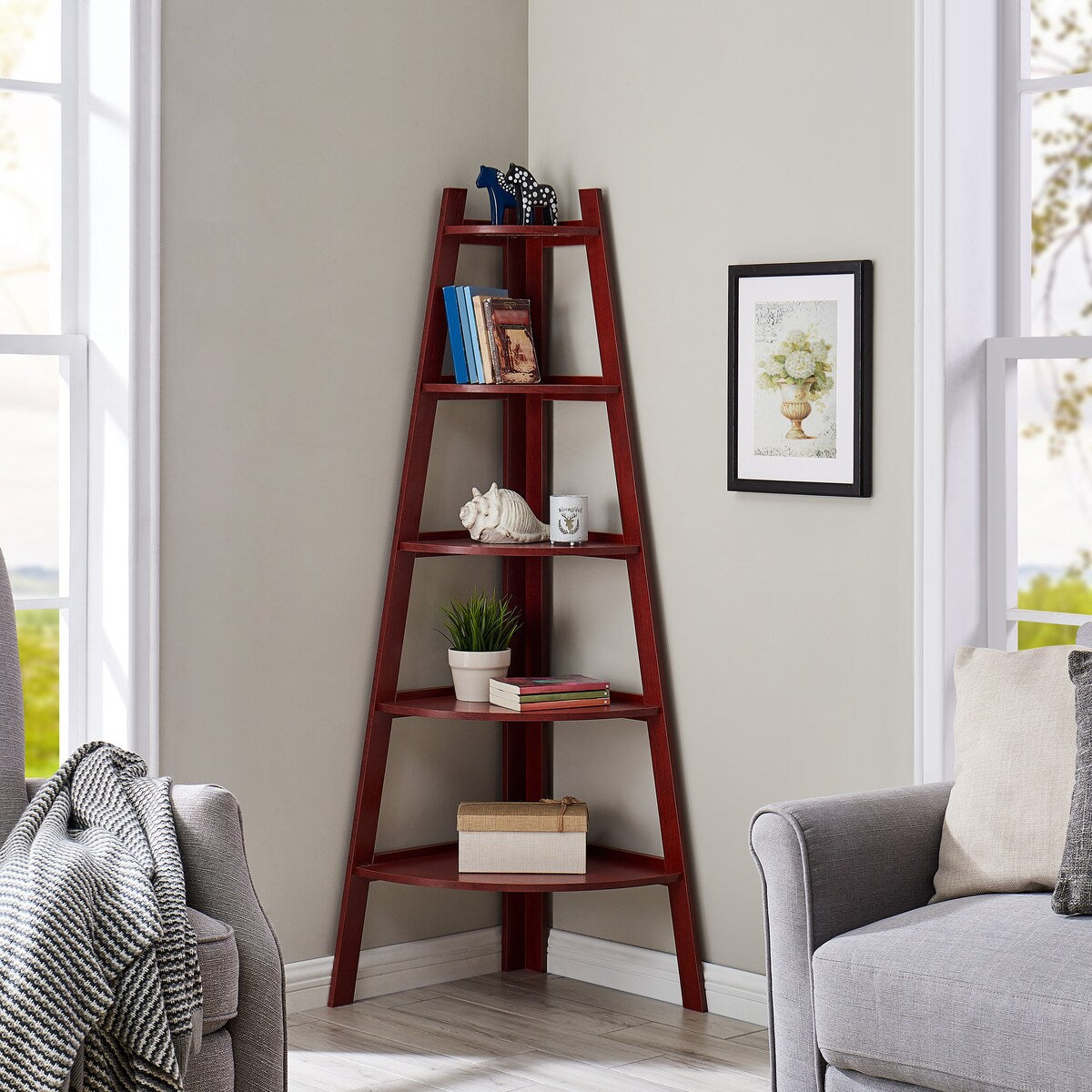 Danya B. Five Tier Corner Ladder Display Bookshelf - Cherry Wood Finish