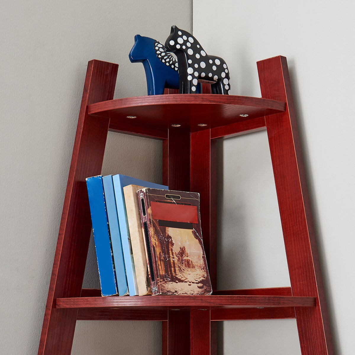 Danya B. Five Tier Corner Ladder Display Bookshelf - Cherry Wood Finish