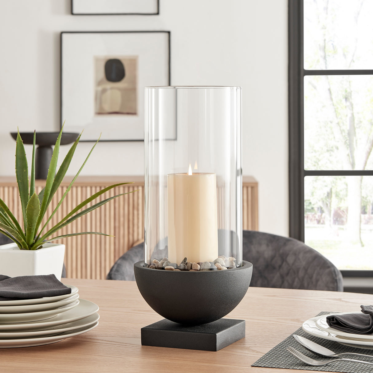 Danya B. Modern Black Metal Bold Pedestal and Glass Pillar Candle Holder
