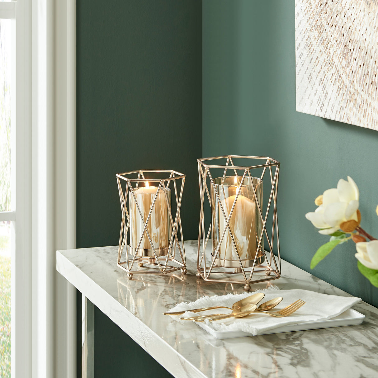 Danya B. Prism Warm Gold Hurricane Candle Holders - Set of 2