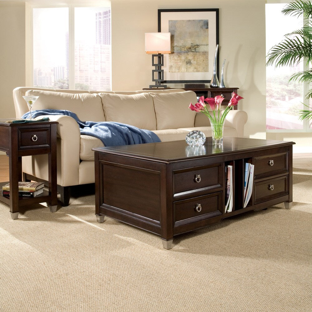 Darien Transitional Burnt Umber Rectangular Lift Top Coffee Table with Casters