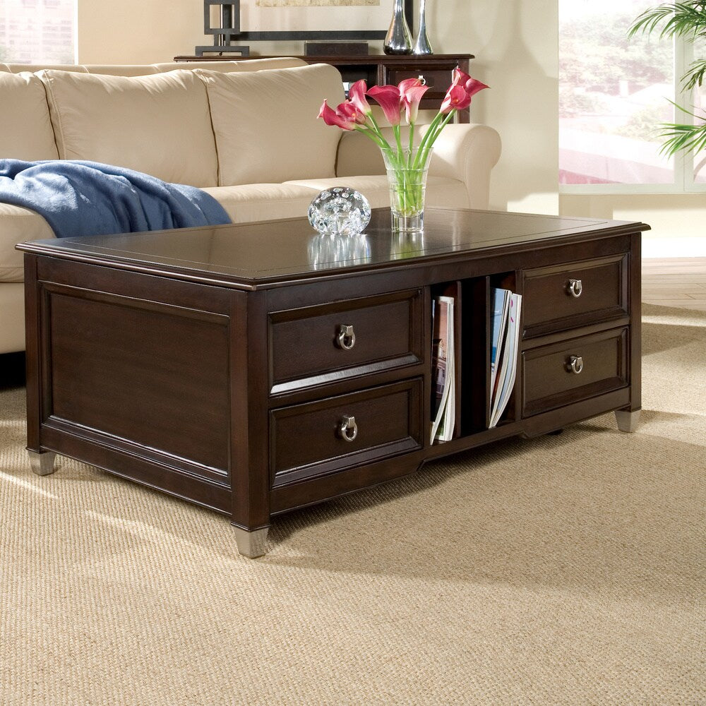 Darien Transitional Burnt Umber Rectangular Lift Top Coffee Table with Casters