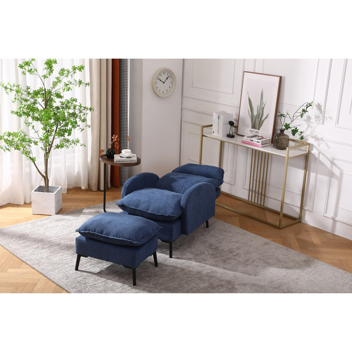 Dark Blue Multi-Angle Recliner with Ottoman, Adjustable Backrest