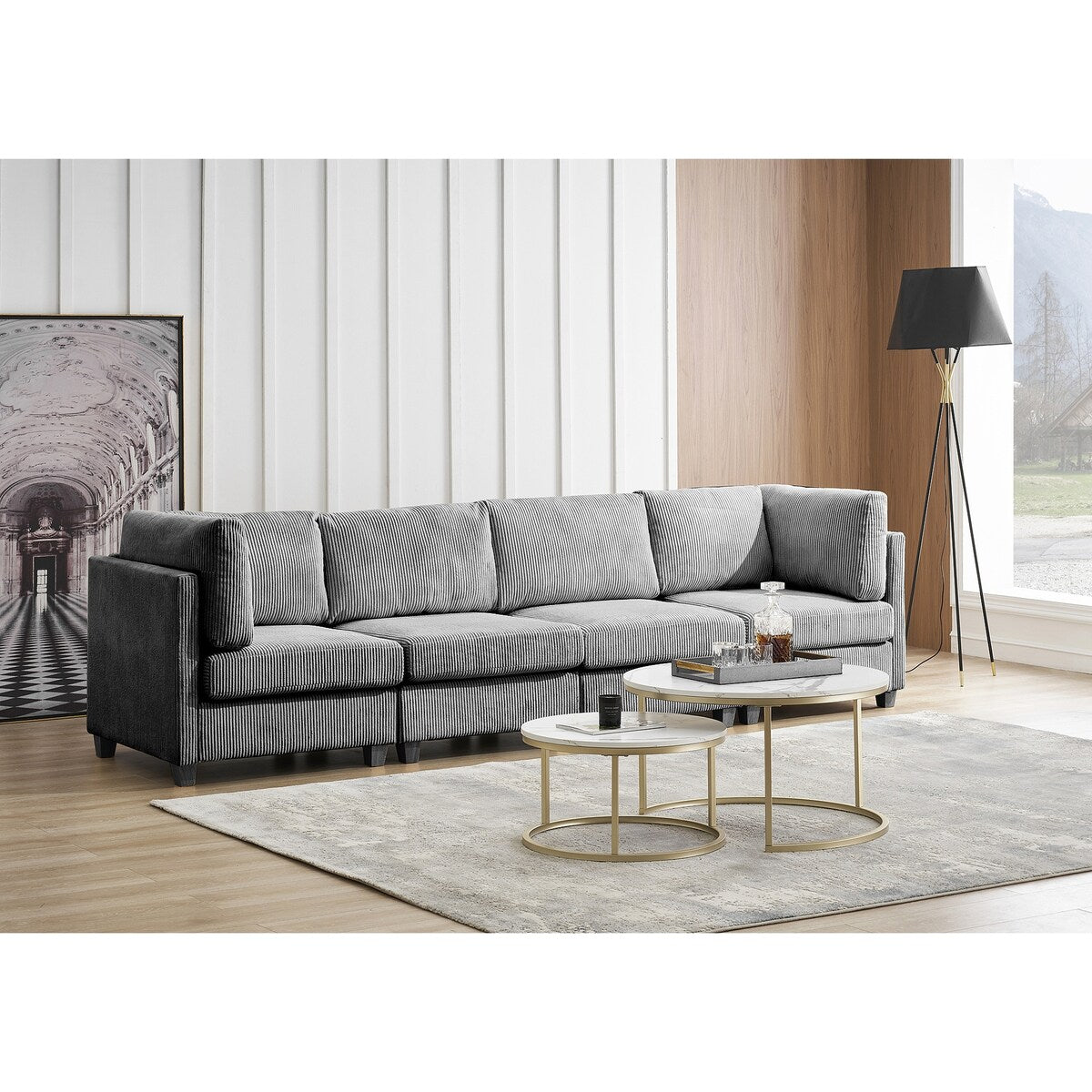 Dark Gray Convertible L Shape Sofa Corduroy Fabric Multi-person Combination